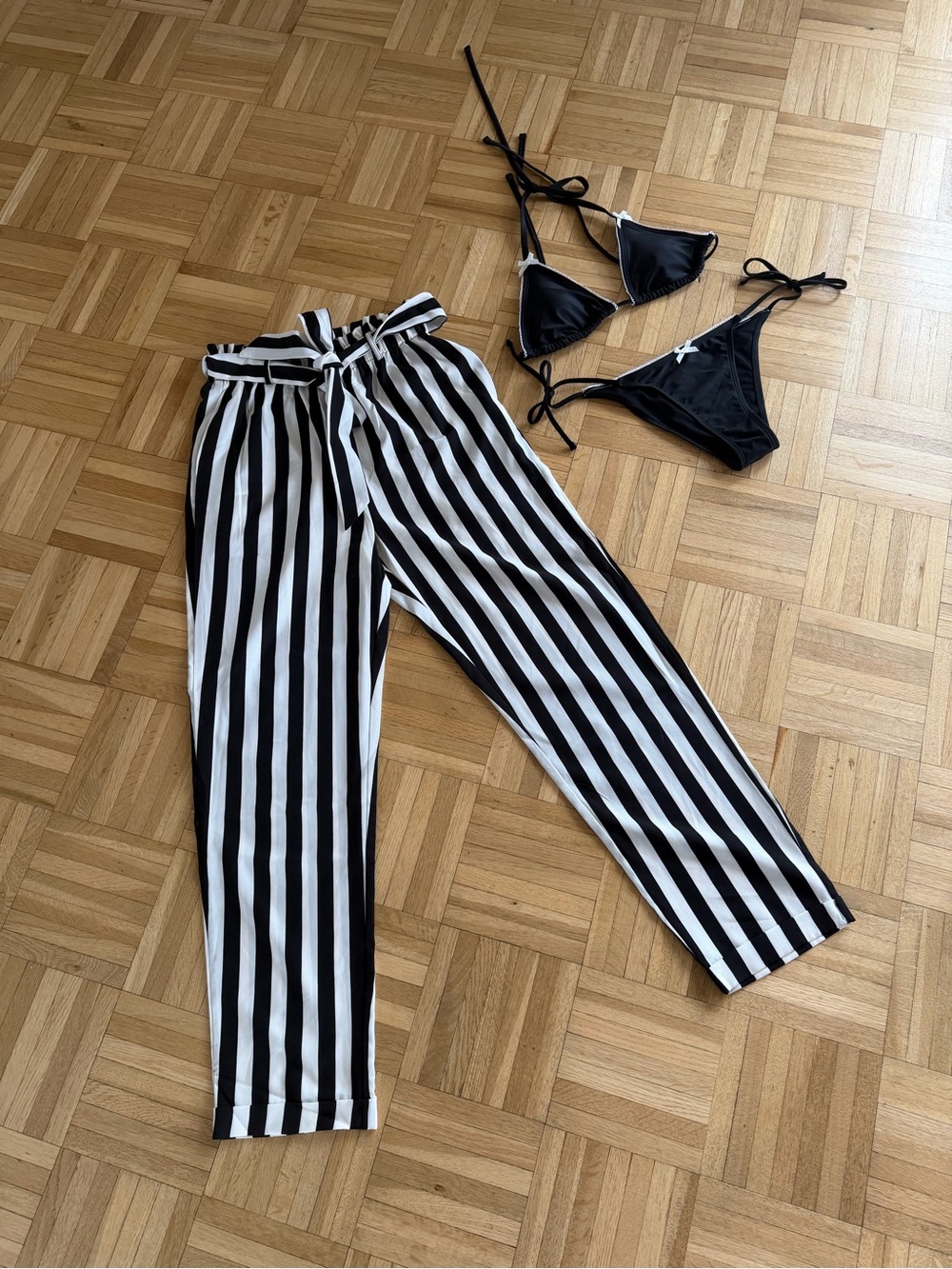 High-Waist Stripe Pants & Cute Bikini (NWOT) - Black/White